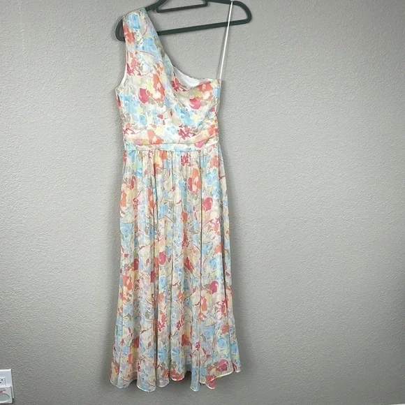 New Likely Sara Dress Floral Watercolor Metallic One Shoulder Midi Sz 0